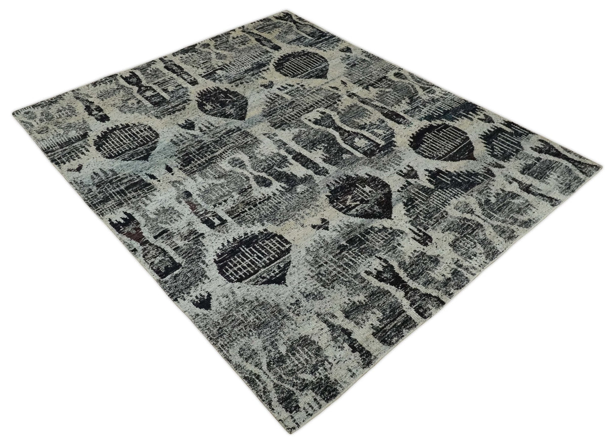 4x6 and 8x10 Hand Knotted Ivory, Charcoal and Brown Antique Persian Style Contemporary Recycled Silk Area Rug | OP46