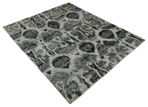 4x6 and 8x10 Hand Knotted Ivory, Charcoal and Brown Antique Persian Style Contemporary Recycled Silk Area Rug | OP46