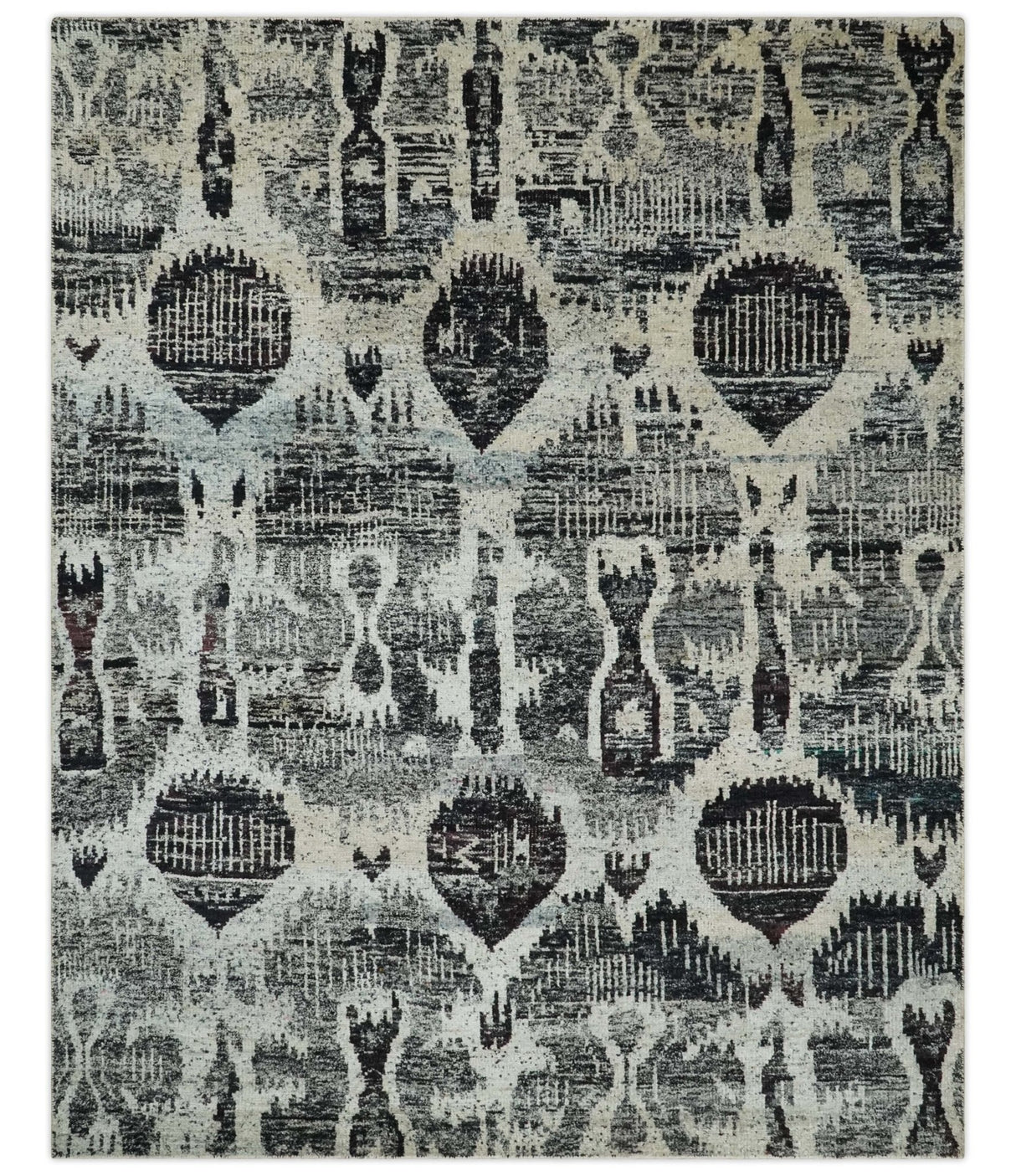 4x6 and 8x10 Hand Knotted Ivory, Charcoal and Brown Antique Persian Style Contemporary Recycled Silk Area Rug | OP46