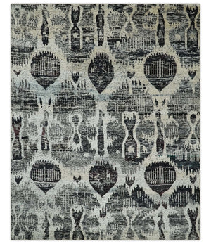 4x6 and 8x10 Hand Knotted Ivory, Charcoal and Brown Antique Persian Style Contemporary Recycled Silk Area Rug | OP46