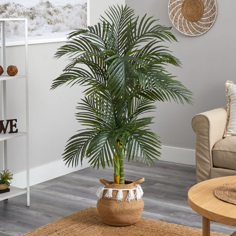 5’ Artificial Double Stalk Golden Cane Palm Tree with Handmade Woven Cotton Basket