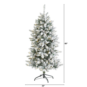 5’ Flocked Livingston Fir Artificial Christmas Tree with Pine Cones and 200 Clear Warm LED Lights