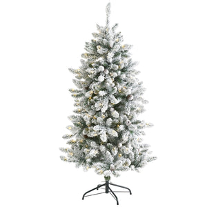 5’ Flocked Livingston Fir Artificial Christmas Tree with Pine Cones and 200 Clear Warm LED Lights