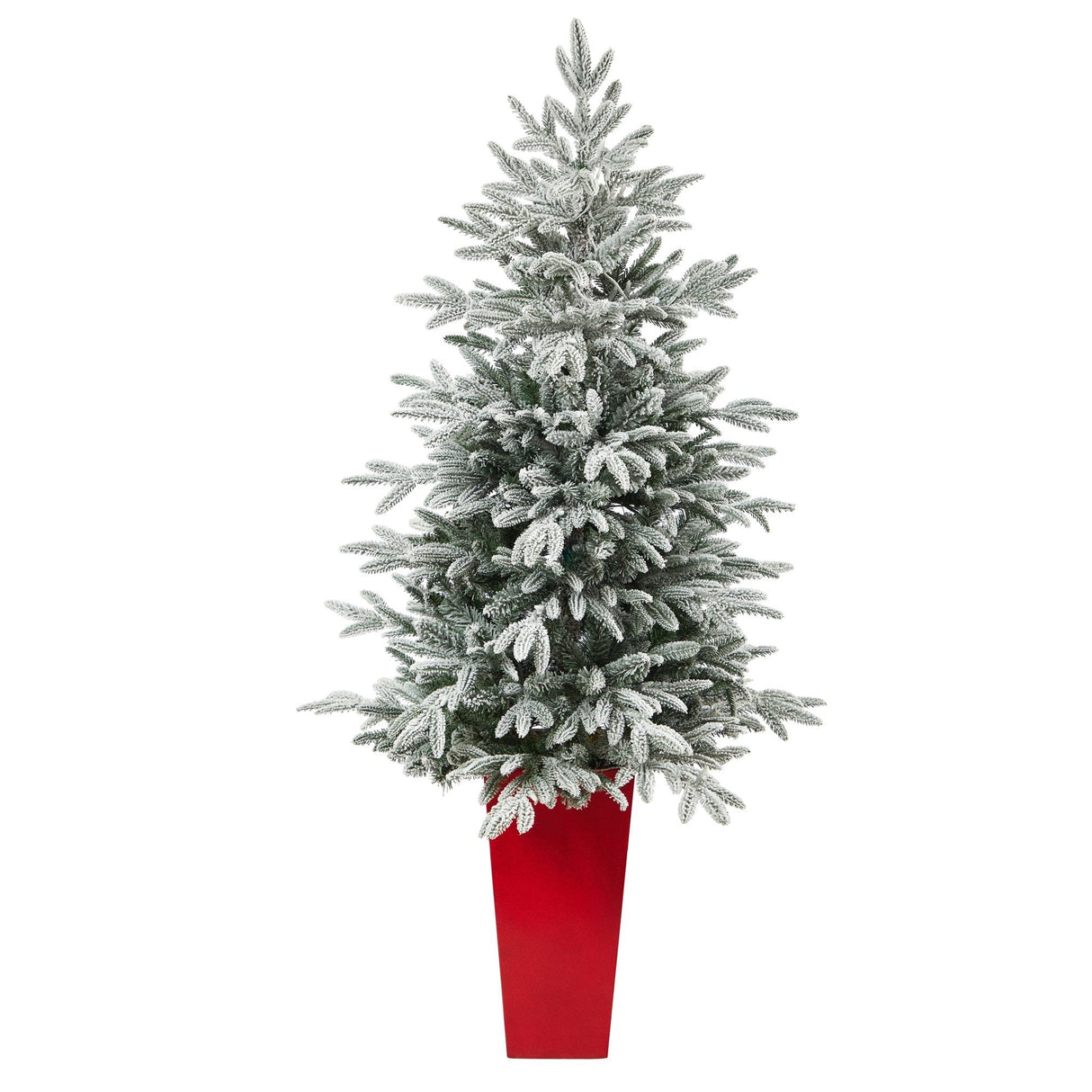 5’ Flocked Manchester Spruce Artificial Christmas Tree with 100 Lights and 357 Bendable Branches in Red Tower Planter