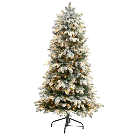 5’ Flocked North Carolina Fir Christmas Tree with 350 Warm White Lights and 1247 Bendable Branches