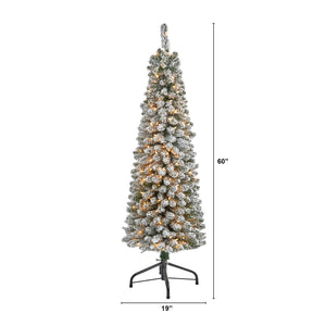 5’ Flocked Pencil Artificial Christmas Tree with 200 Clear Lights and 318 Bendable Branches