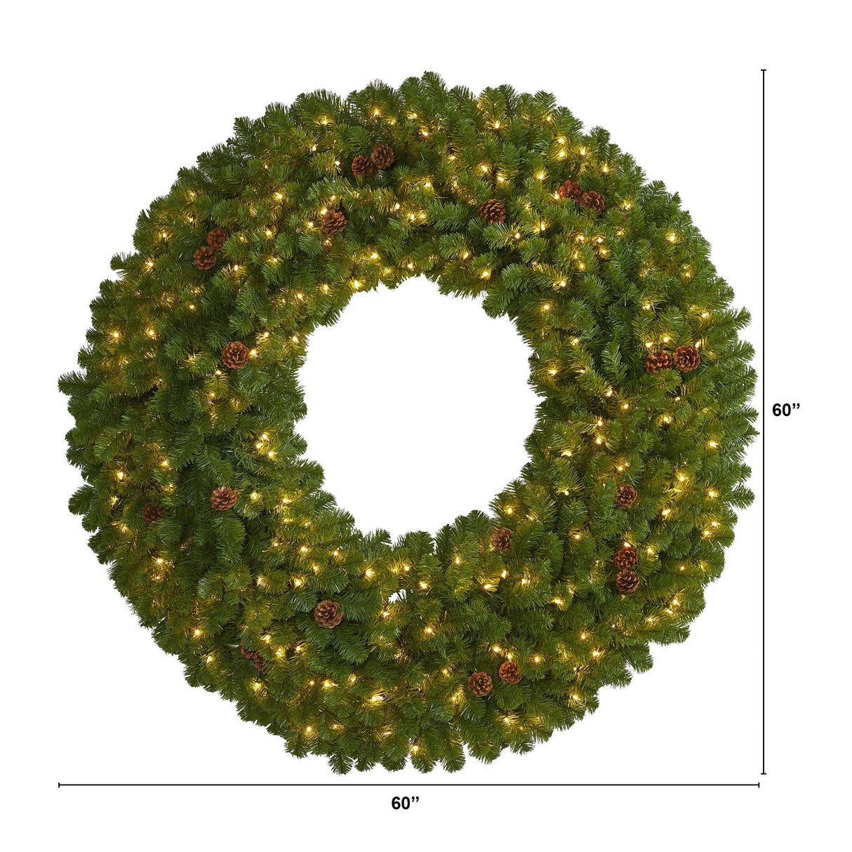 5’ Giant Artificial Christmas Wreath with 280 Warm White Lights and Pine Cones