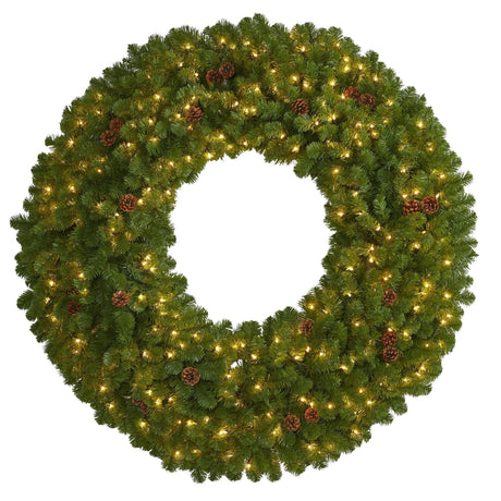 5’ Giant Artificial Christmas Wreath with 280 Warm White Lights and Pine Cones