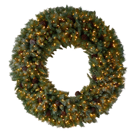 5’ Giant Flocked Christmas Wreath with Pinecones, 400 Clear LED Lights and 760 Bendable Branches