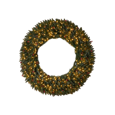 5’ Large Flocked Wreath with Pinecones, Berries, 400 Clear LED Lights and 820 Bendable Branches