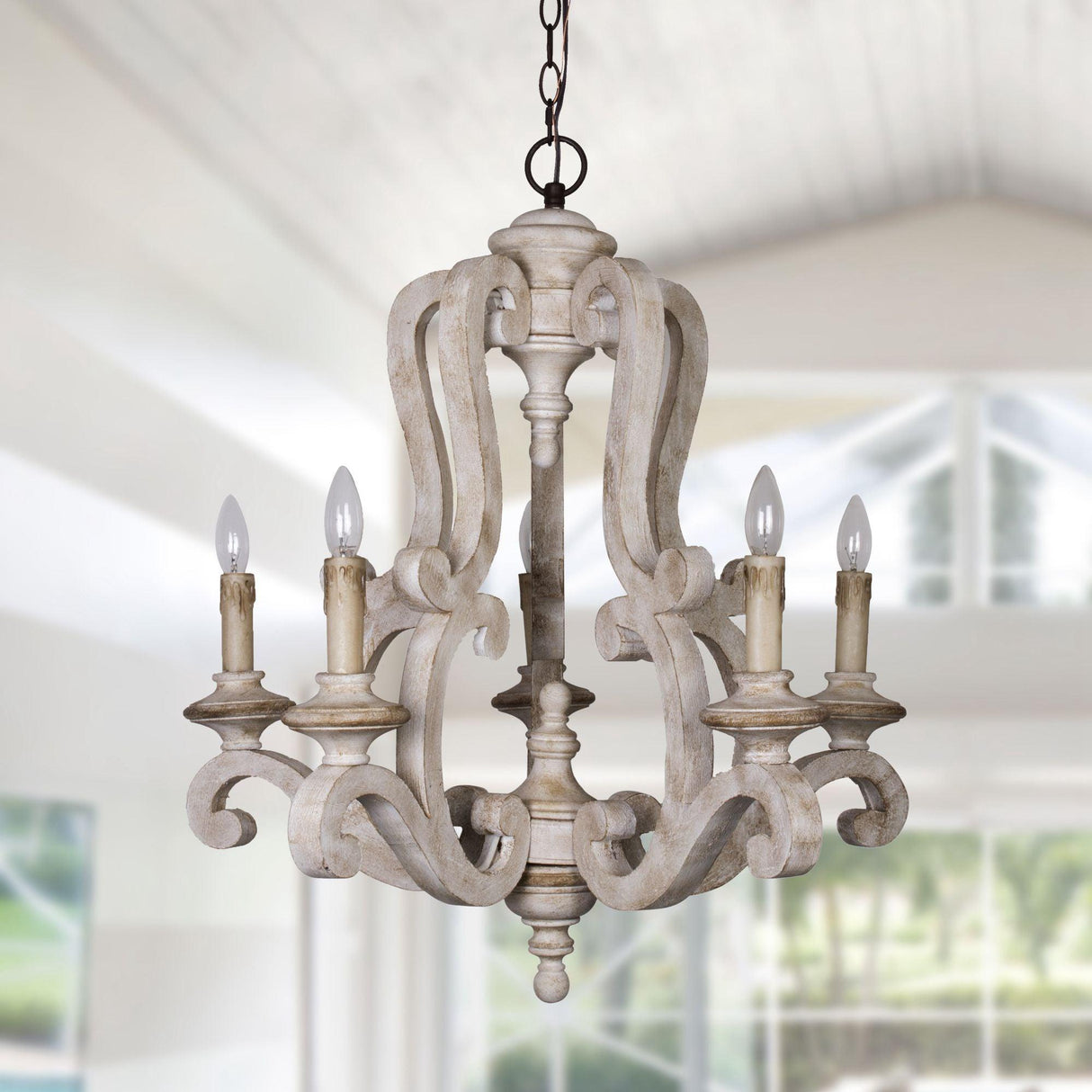 5-Lights Antique Wooden Candle Chandelier