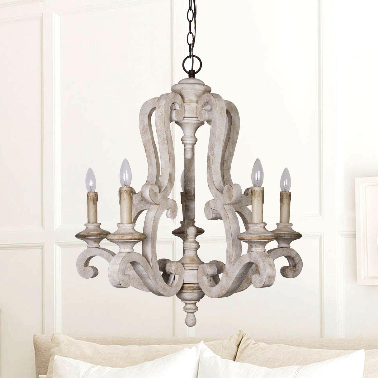 5-Lights Antique Wooden Candle Chandelier