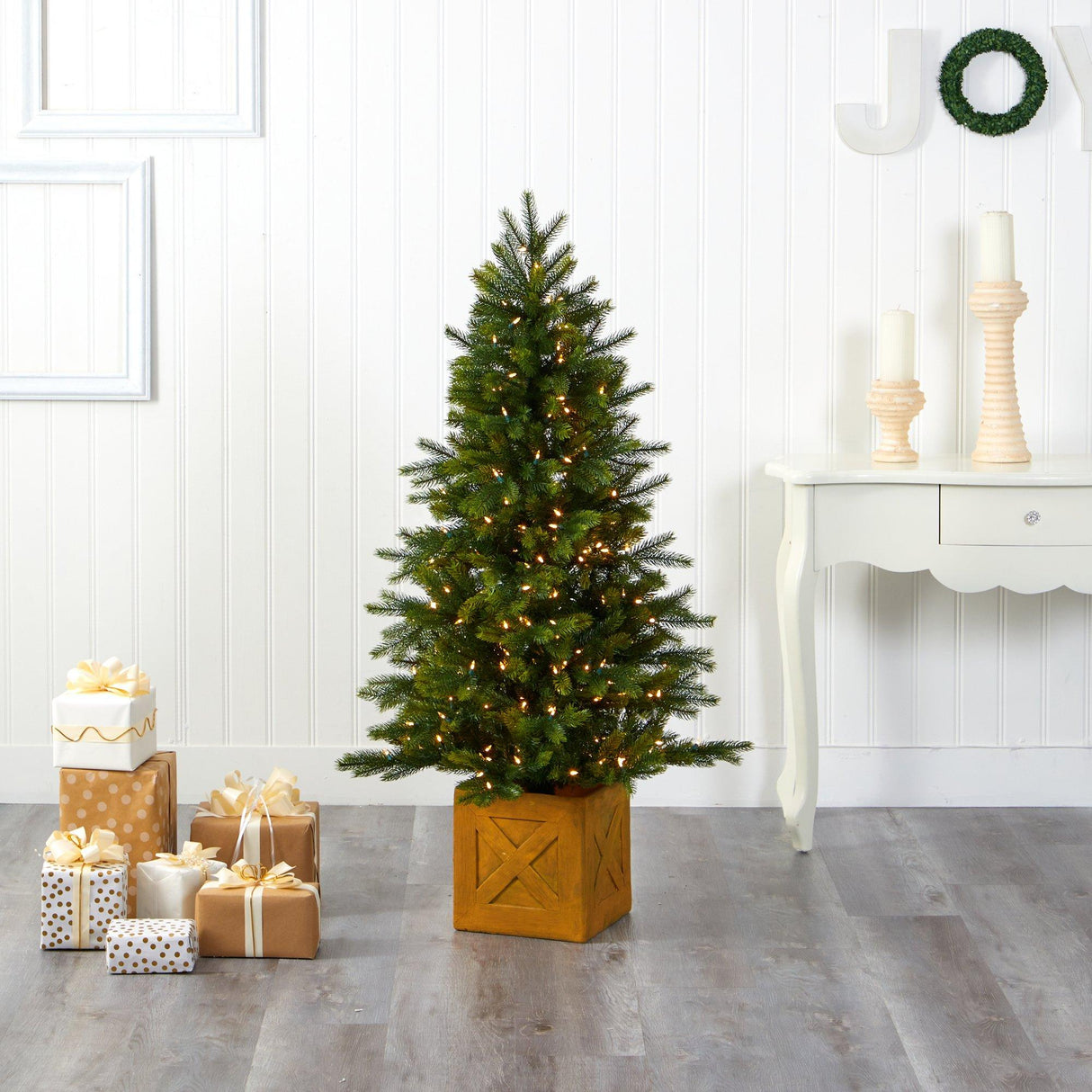 5' Manchester Fir Artificial Christmas Tree in Decorative Planter with 250 Clear Warm (Multifunction) LED Lights and 366 Bendable Branches