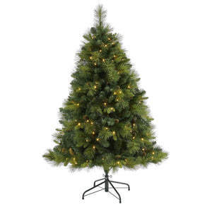 5’ North Carolina Mixed Pine Artificial Christmas Tree with 200 Warm White LED Lights, 711 Bendable Branches and Pinecones