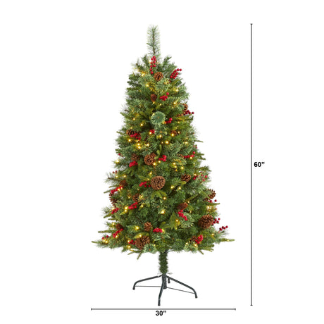 5’ Norway Mixed Pine Artificial Christmas Tree with 200 Clear LED Lights, Pine Cones and Berries