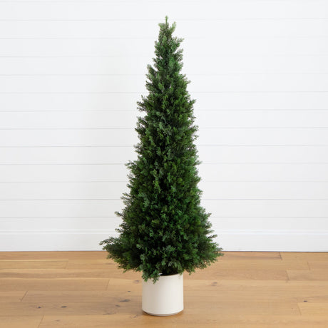 5’ UV Resistant Artificial Cedar Tree in Decorative White Planter (Indoor/Outdoor)