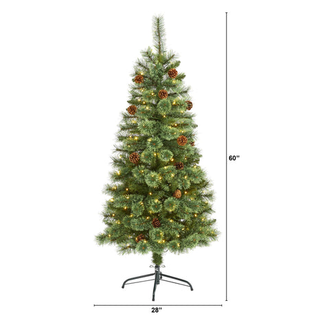 5’ White Mountain Pine Artificial Christmas Tree with 200 Clear LED Lights and Pine Cones