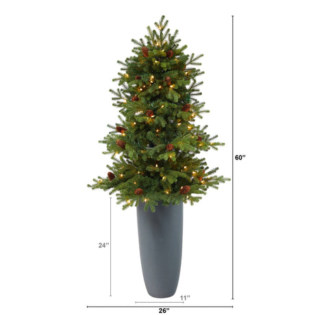 5’ Yukon Mountain Fir Artificial Christmas Tree with 100 Clear Lights, Pine Cones and 386 Bendable Branches in Gray Planter