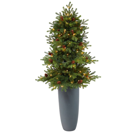 5’ Yukon Mountain Fir Artificial Christmas Tree with 100 Clear Lights, Pine Cones and 386 Bendable Branches in Gray Planter