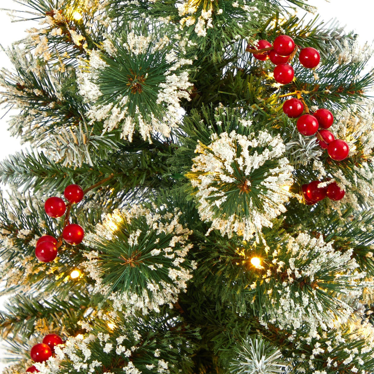 50” Frosted Swiss Pine Artificial Christmas Tree with 100 Clear LED Lights and Berries in White Planter