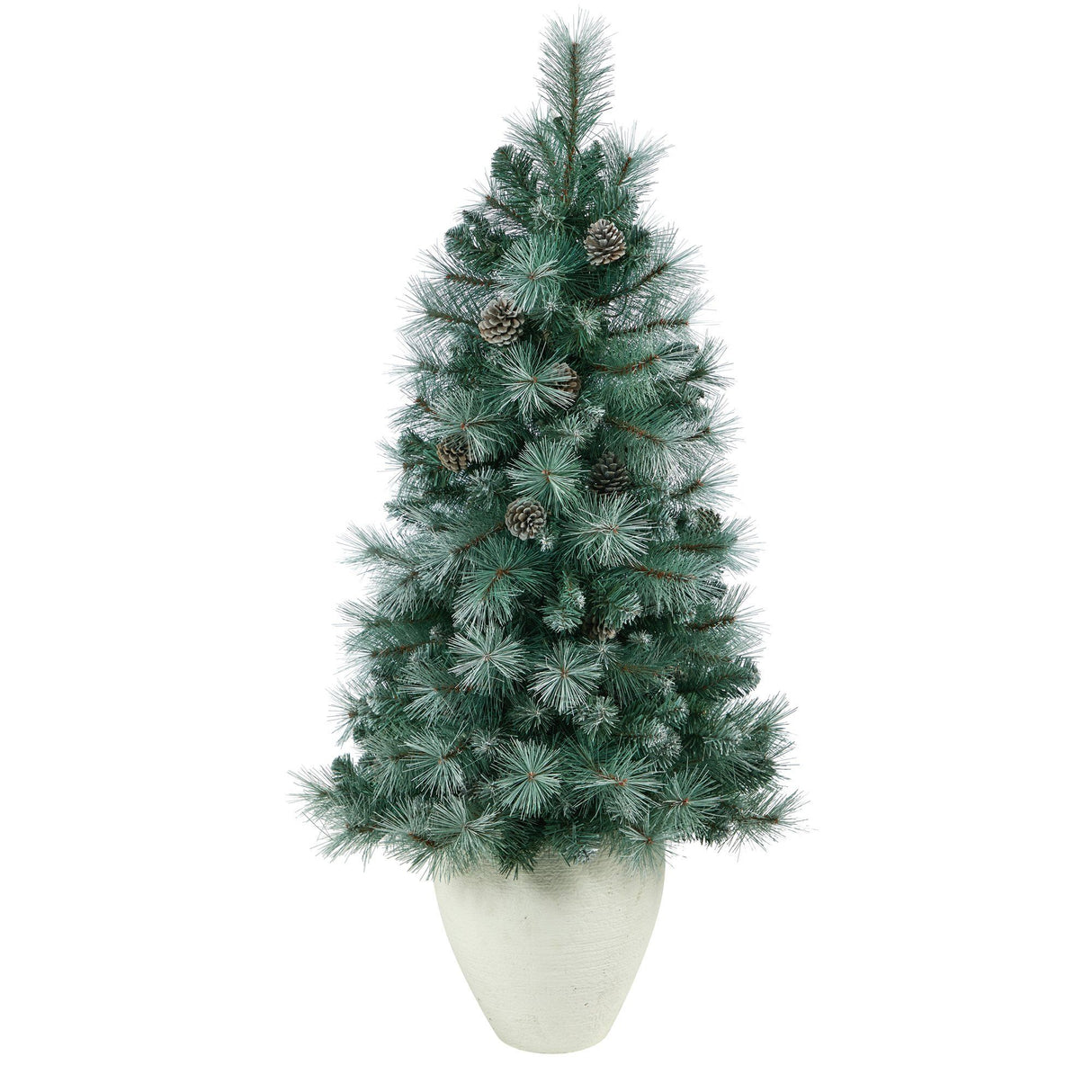 50” Frosted Tip British Columbia Mountain Pine Artificial Christmas Tree with 100 Clear Lights, Pine Cones and 228 Bendable Branches in White Planter