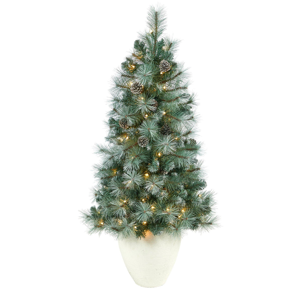 50” Frosted Tip British Columbia Mountain Pine Artificial Christmas Tree with 100 Clear Lights, Pine Cones and 228 Bendable Branches in White Planter