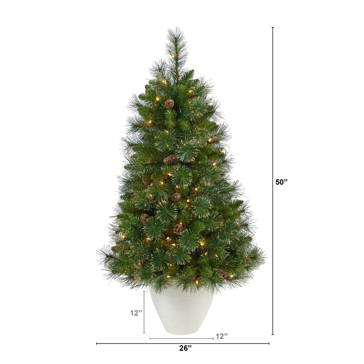 50” Golden Tip Washington Pine Artificial Christmas Tree with 100 Clear Lights, Pine Cones and 336 Bendable Branches in White Planter