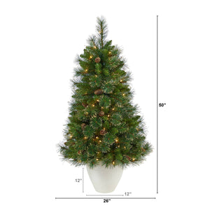 50” Golden Tip Washington Pine Artificial Christmas Tree with 100 Clear Lights, Pine Cones and 336 Bendable Branches in White Planter