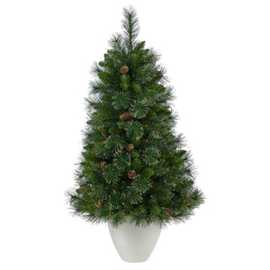 50” Golden Tip Washington Pine Artificial Christmas Tree with 100 Clear Lights, Pine Cones and 336 Bendable Branches in White Planter