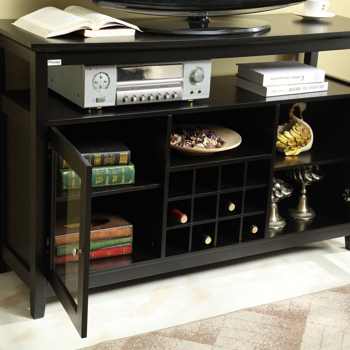 51" Wide Wood Cupboard Buffet Storage Cabinet with Wine Rack for 12-Bottles
