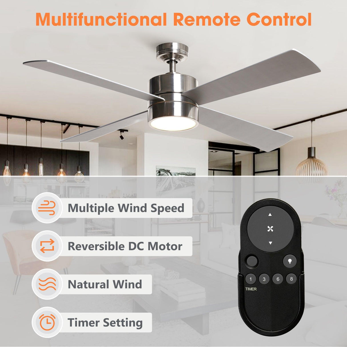52" Bucholz Industrial Ceiling Fan with Dimmable LED Light