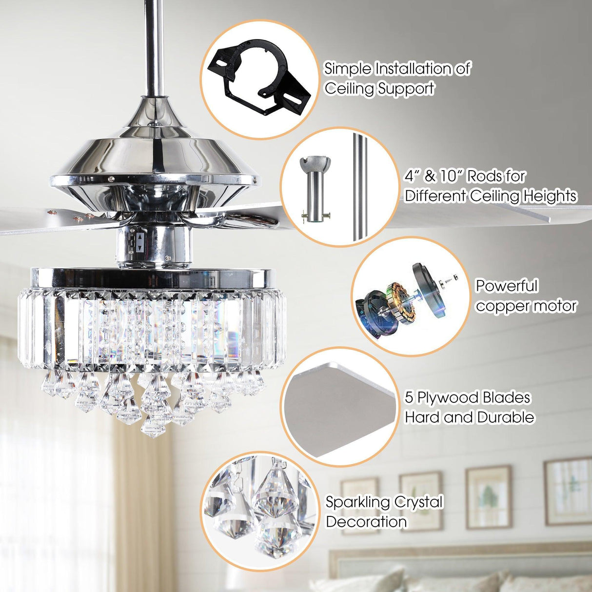 52" Elkton Modern Reversible Crystal Fandelier with Lighting and Remote Control