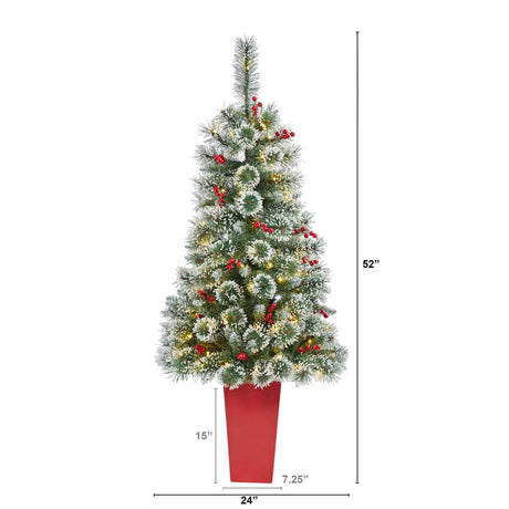 52” Frosted Swiss Pine Artificial Christmas Tree with 100 Clear LED Lights and Berries in Red Tower Planter