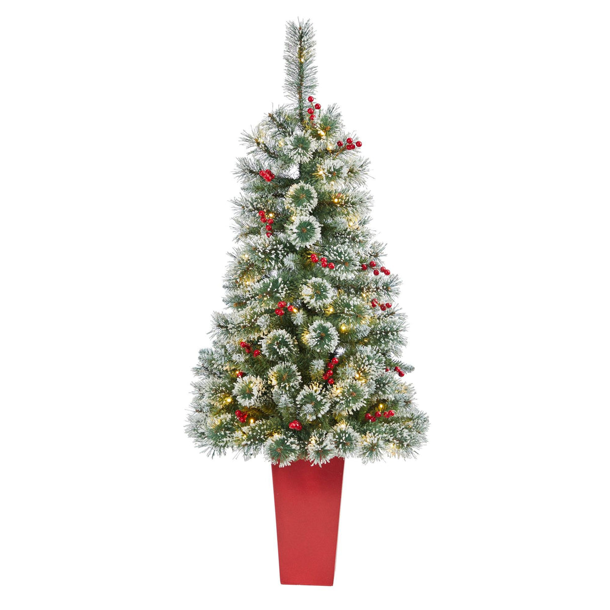 52” Frosted Swiss Pine Artificial Christmas Tree with 100 Clear LED Lights and Berries in Red Tower Planter