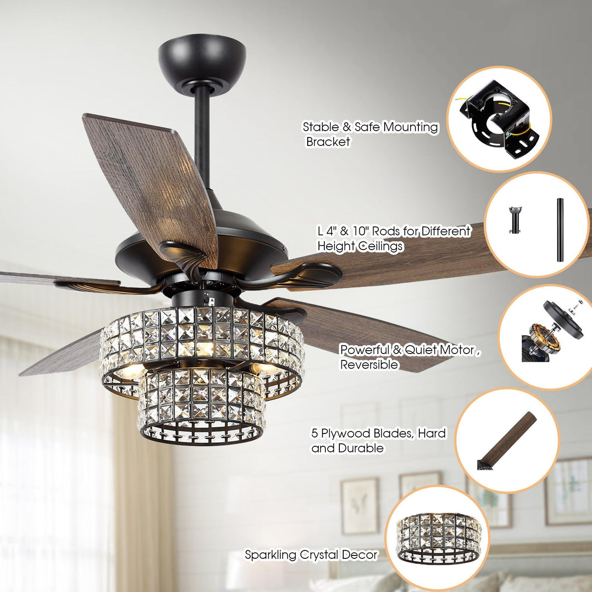 52" Howell Modern Downrod Mount Reversible Crystal Ceiling Fan with Lighting and Remote Control