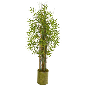 53” Bamboo Grass Artificial Plant in Green Metal Planter
