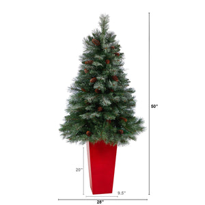 55” Snowed French Alps Mountain Pine Artificial Christmas Tree with 237 Bendable Branches and Pine Cones in Red Tower Planter