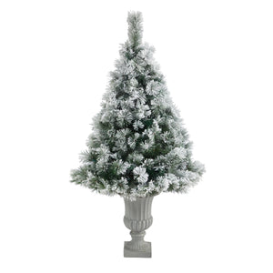 56” Flocked Oregon Pine Artificial Christmas Tree with 100 Clear Lights and 215 Bendable Branches in Decorative Urn