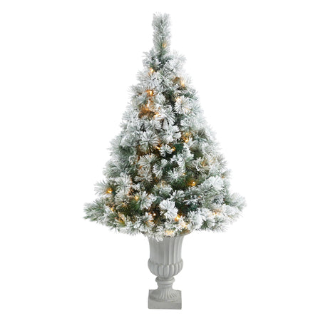 56” Flocked Oregon Pine Artificial Christmas Tree with 100 Clear Lights and 215 Bendable Branches in Decorative Urn