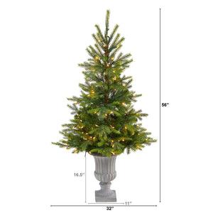 56” North Carolina Spruce Artificial Christmas Tree with 100 Clear Lights and 207 Bendable Branches in Decorative Urn