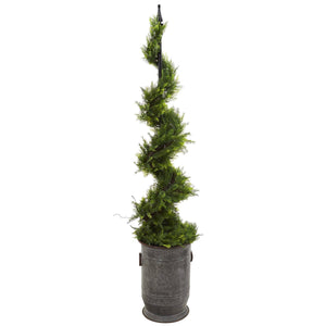 58” Cypress Artificial Spiral Topiary Tree in Vintage Metal Planter