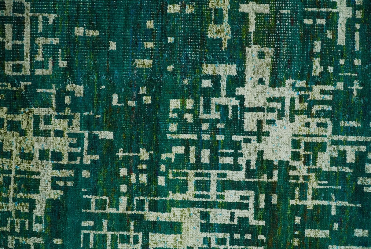 5.6x8 Hand Knotted Teal Green, Olive and Beige Modern Abstract Contemporary Recycled Silk Area Rug | OP130