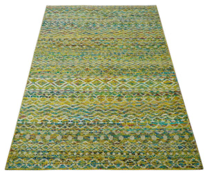 5.6x8.6 Hand Knotted Mustard, Teal and Ivory Southwestern Tribal Trellis wool Rug