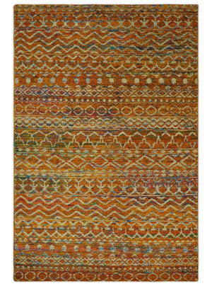 5.6x8.6 Hand Knotted Rust and Beige Modern Contemporary Southwestern Tribal Trellis Recycled wool Area Rug