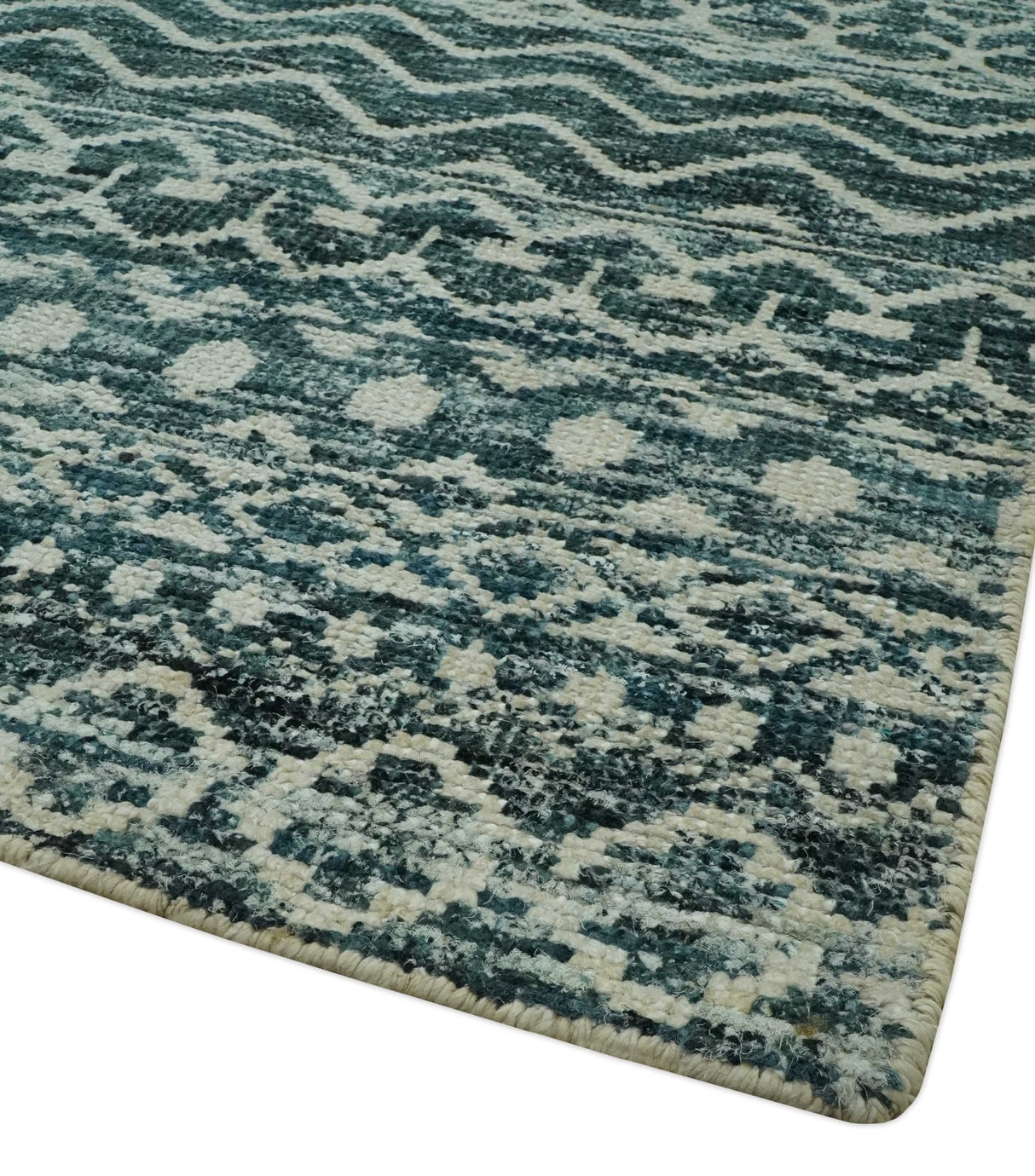 5.6x8.6 Teal Green and Beige Hand Knotted Southwestern Tribal Trellis wool Area Rug