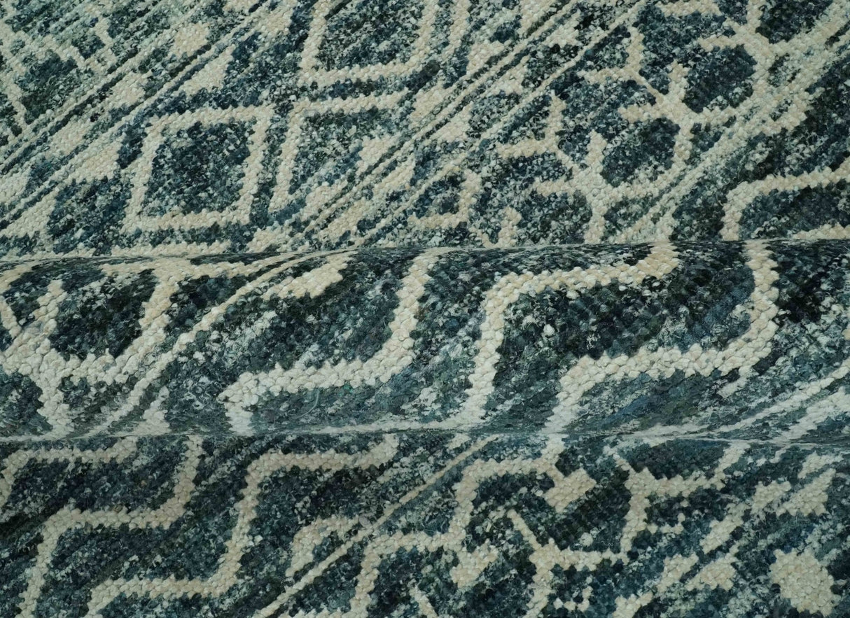 5.6x8.6 Teal Green and Beige Hand Knotted Southwestern Tribal Trellis wool Area Rug