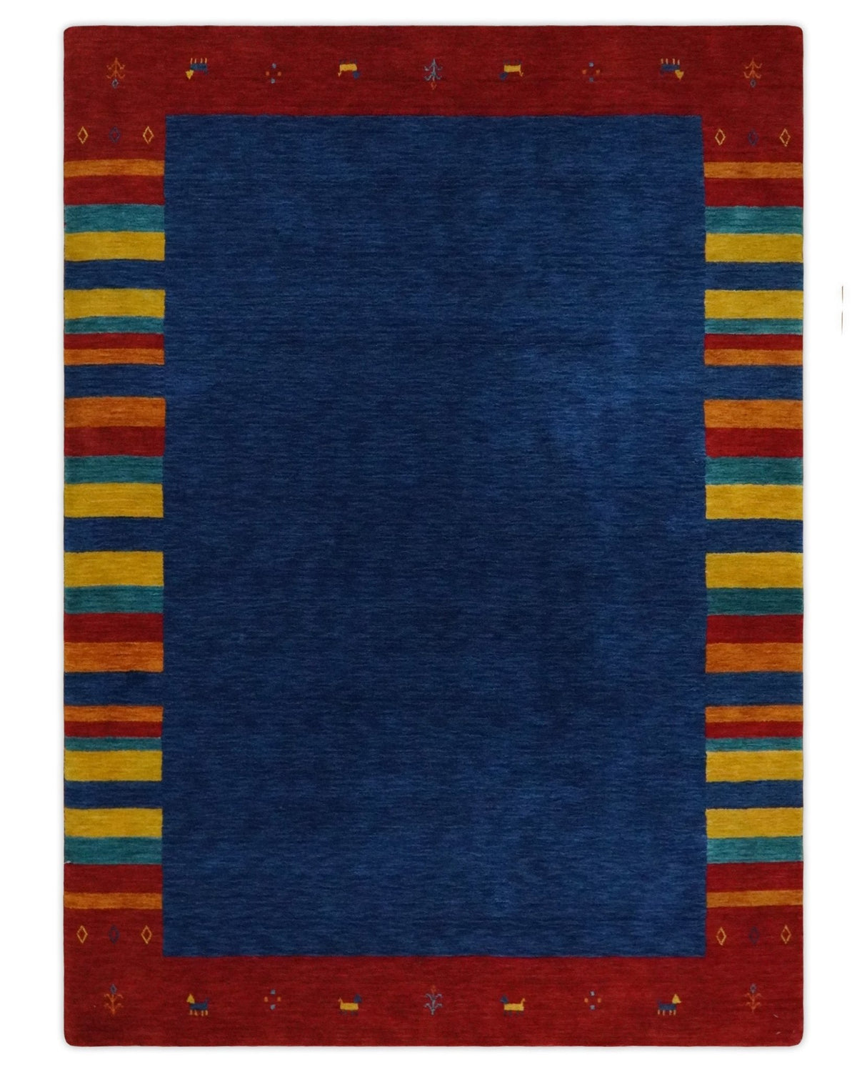 5.8x8 Blue and Rust with multicolor Striped Wool Hand Woven Southwestern Lori Gabbeh Rug| KNT19