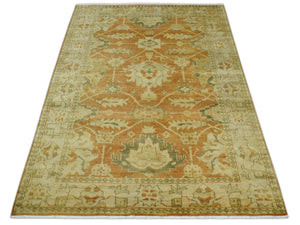 5.8x8.4 Hand Knotted Rust and Beige Traditional Oushak Wool Area Rug