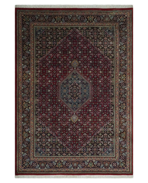 5x7 Antique Persian Hand Knotted Maroon, Black and Blue Traditional Medallion Wool Rug | KNT25