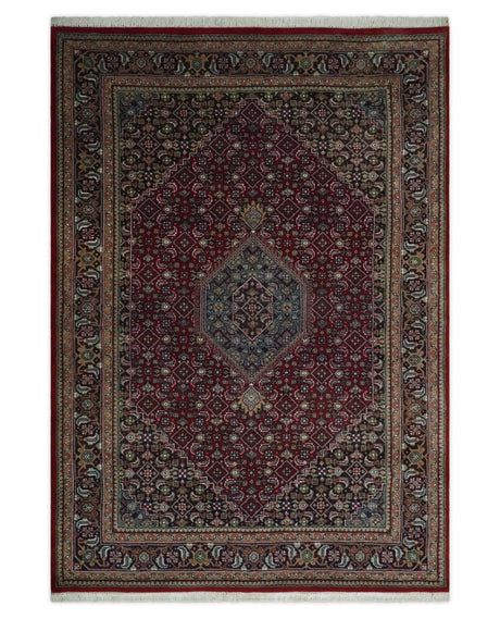 5x7 Antique Persian Hand Knotted Maroon, Black and Blue Traditional Medallion Wool Rug | KNT25